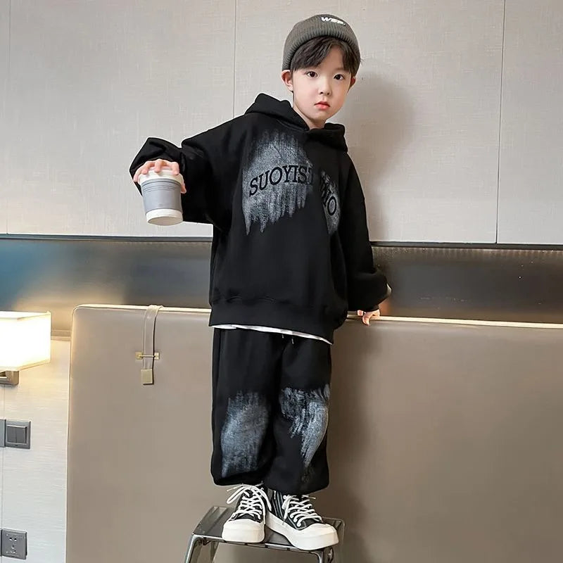 Print Hoodies Set Korean Kids Clothes Children 4 7 Years Clothing Children's From 8 12 Top Bottom Boys Boy Autumn Winter Child