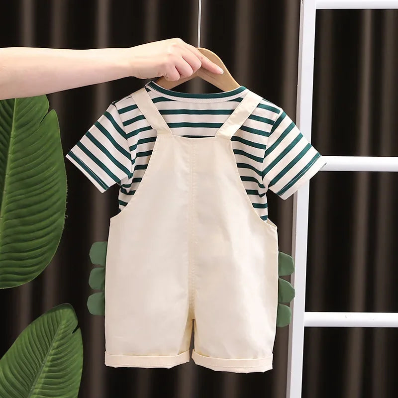 New Summer Kids Baby Clothing Boy T-shirt Bib Shorts 2Pcs/Set Toddler Fashion Infant Children Clothes Suits 0-5 Years