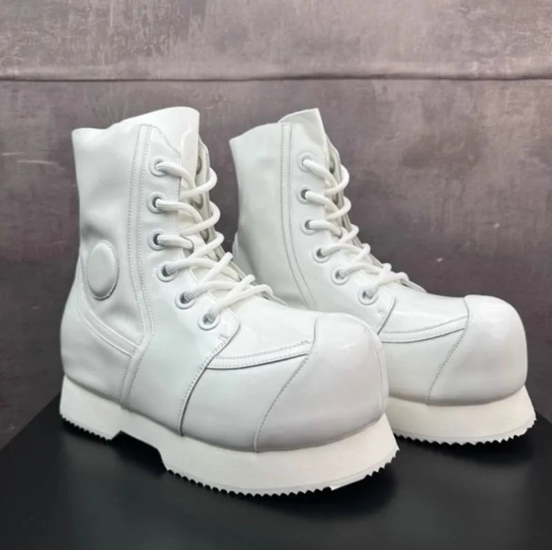 High Street Mens Round Tote High Top Cowhide Genuine Leather Ankle Boots Punk Style Stage Show Shoes Platform Work Safty Shoes