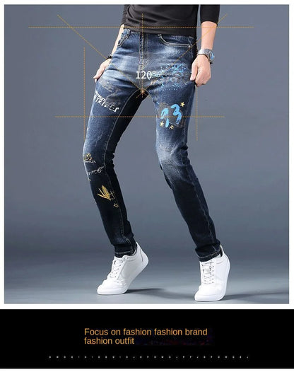 Harajuku Fashion Men's High-end Embroidered Jeans Korean Style Prints Patches Slim Fit Casual Spring Autumn Cowboy Trousers