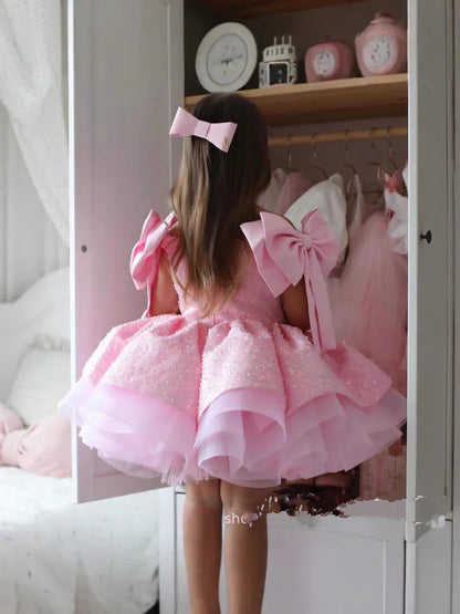 Light Luxury Girls Pink Princess Ball Gown Children Cute Bow Design Birthday Wedding Party Dress y1663