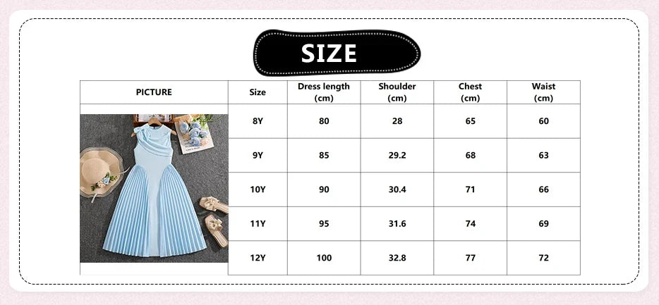 Girls 8-12 Light Blue Summer Casual Dress, Front Sleeveless Bow Decor High Waist Pleated Skirt, Daily Kids Outfit