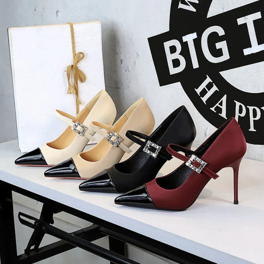 Banquet High Heels Thin Heels Light Mouth Color-Blocked Pointed Toe Rhinestones One-Strip Ultra High Heels Single Shoes Elegant