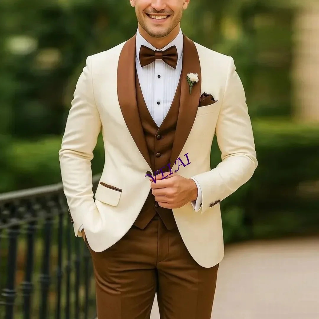 CustomizedNew White And Brown Formal Men Suit Groom Groomsman Wedding Party Prom Business Male Tuxedos 3 Piece Set Blazer Vest P
