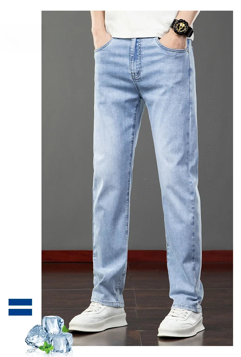 Spring Summer Thin Men's Jeans Fashion Korean Elastic Slim Straight Business Casual Denim Pants Classic Washed Male Trousers