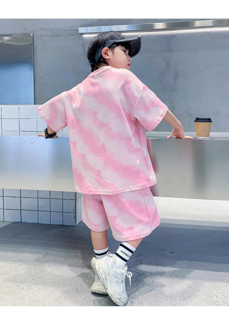 Summer Fashion Boys Cotton Alphabet Tie Dye T-Shirt Tops+Shorts Pant School Kids Tracksuit Child 2PCS Outfit Workout Set 5-16 Yr