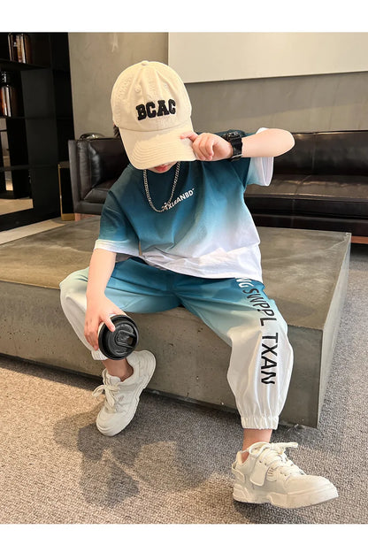 Summer Boys Gradient Contrast Alphabet t-Shirt Tops+Pant Workout Sets School Kids 2PCS Tracksuit Children Jogger Outfits 5-16 Yr