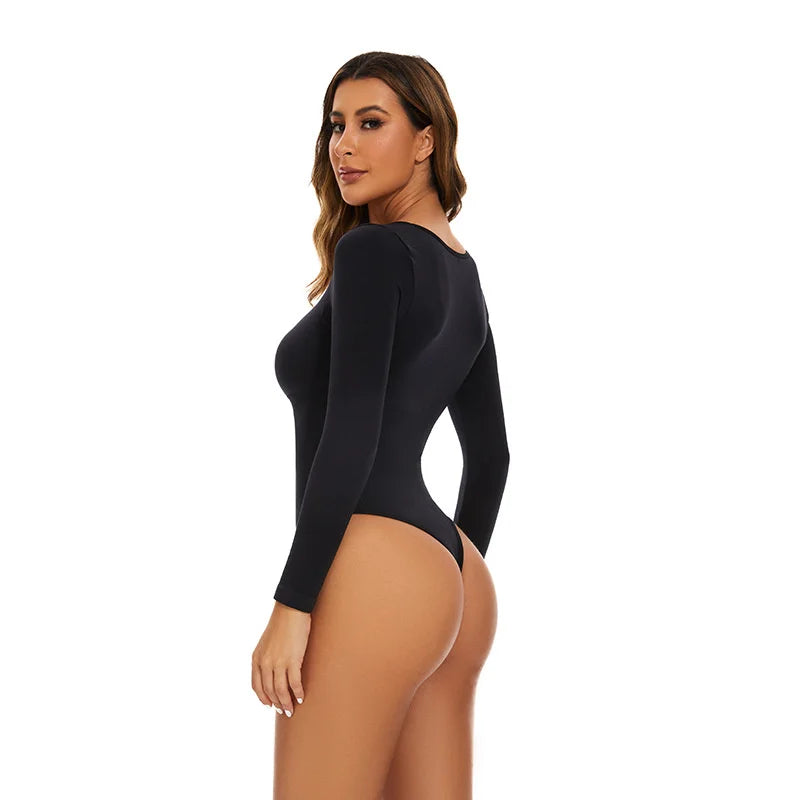 Open Crotch Big U Neck Seamless Bodysuit Long Sleeve Spandex Elastic Body Suit Shapewear Tummy Control Waist Shapers
