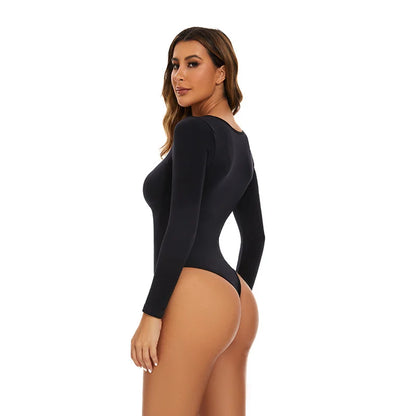 Open Crotch Big U Neck Seamless Bodysuit Long Sleeve Spandex Elastic Body Suit Shapewear Tummy Control Waist Shapers