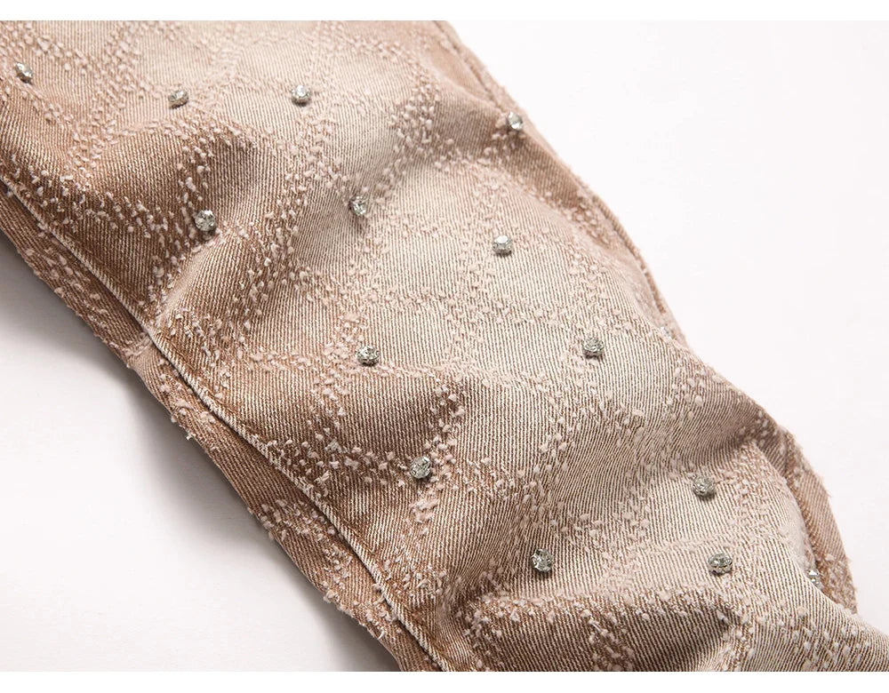 Men's Crystal Rhinestone Stretch Boot Cut Denim Jeans Punk Rivet Slim Flared Trousers Fashion Stretchy Pants