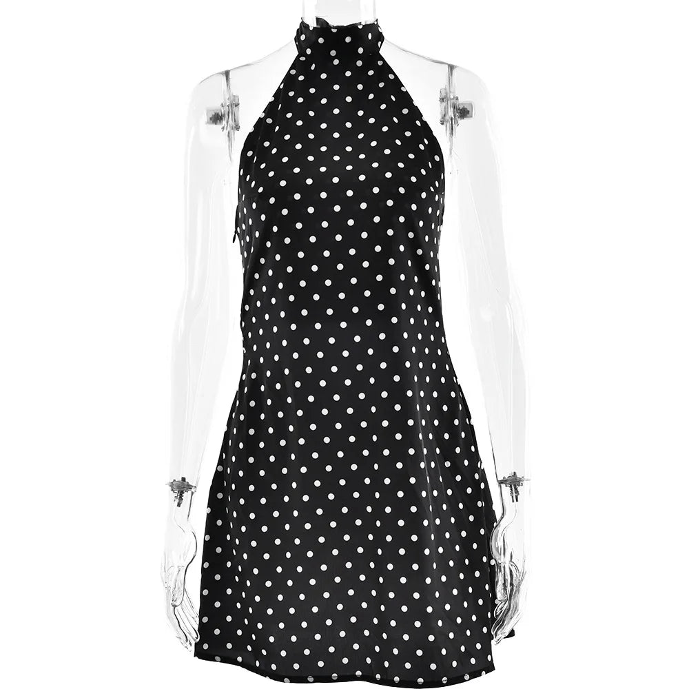 Woman Clothes Halter Sleeveless Polka Dot Satin Short Dress 2026 Summer Sexy Bandage Backless Mini Evening Party Dresses