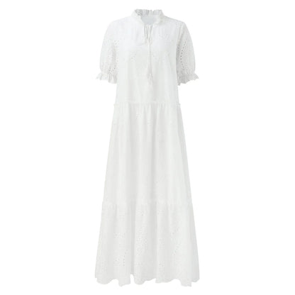 Summer Cotton White Dress for Women Casual Hollow Crochet Bohemian Loose Beach Long Dress Ladies Plus Size Holiday Ruffles Dress