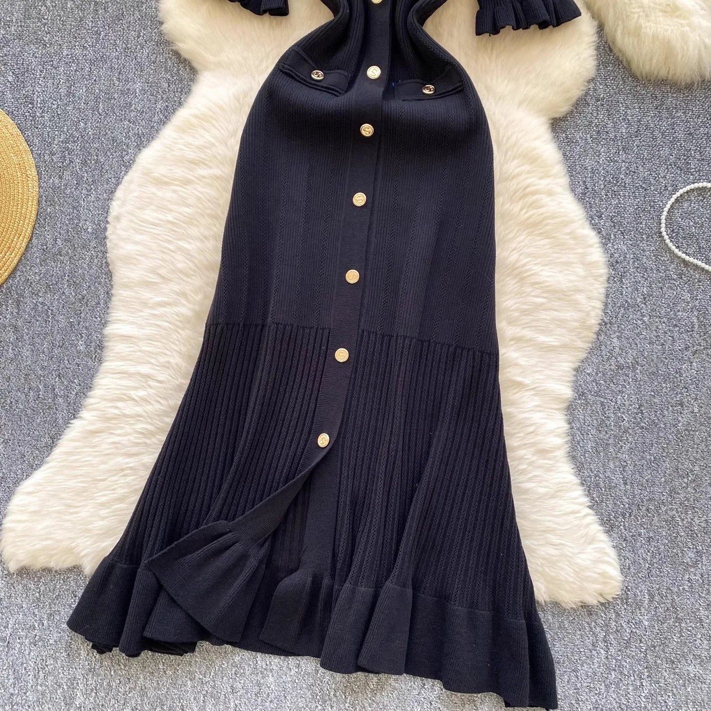 Brand Fashion Vintage Knitted Long Dress Spring Summer Women Elegant V-neck Ruffled Bodycon Sweater Dress Party Vestido