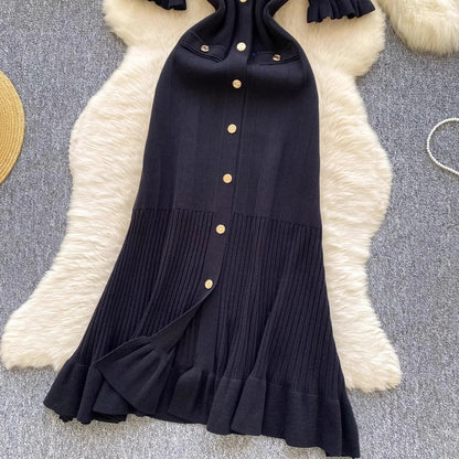 Brand Fashion Vintage Knitted Long Dress Spring Summer Women Elegant V-neck Ruffled Bodycon Sweater Dress Party Vestido