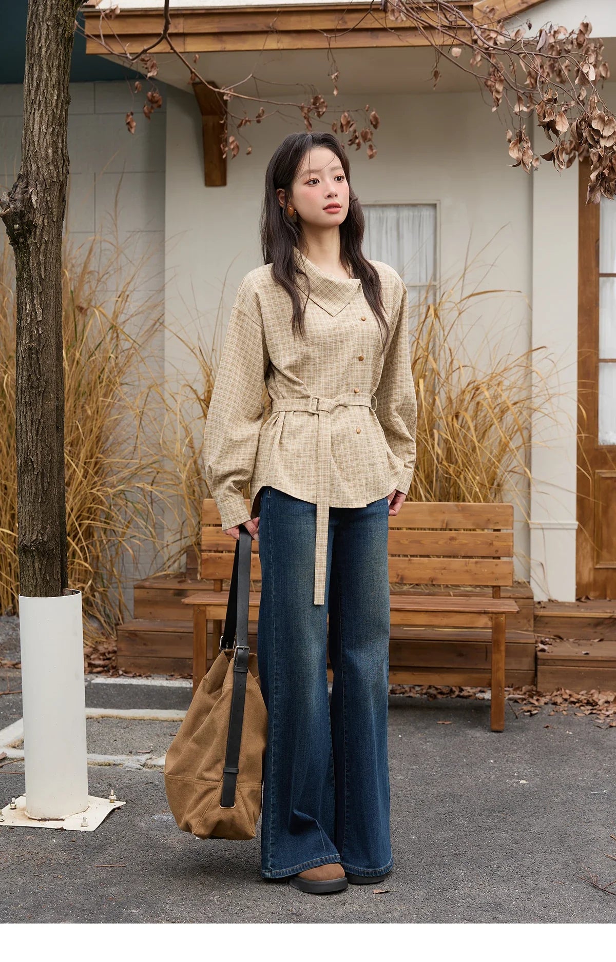 Women Casual Shirt 2025 Autumn Winter Fashion Belt Design Asymmetrical Retro Long Sleeves Shirt Women Clothes MXE88C2417