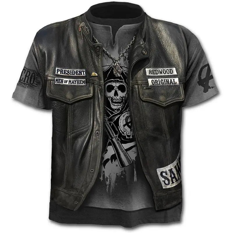New retro street punk motorcycle men's T-shirt 3D shirt casual fashion hip-hop horror short sleeved round neck men's clothing