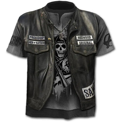 New retro street punk motorcycle men's T-shirt 3D shirt casual fashion hip-hop horror short sleeved round neck men's clothing