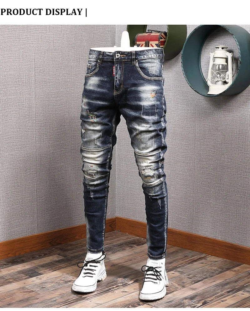 Fashion Streetwear Men Jeans Retro Black Blue Elastic Slim Fit Ripped Jeans Men Spliced Designer Embroidery Hip Hop Denim Pants