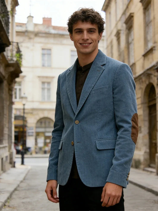 Men's Vintage Corduroy Blazer Jacket with Elbow Patches Casual Classic Fit Notch Lapel Wrinkle Resistant Suit Coat All Season