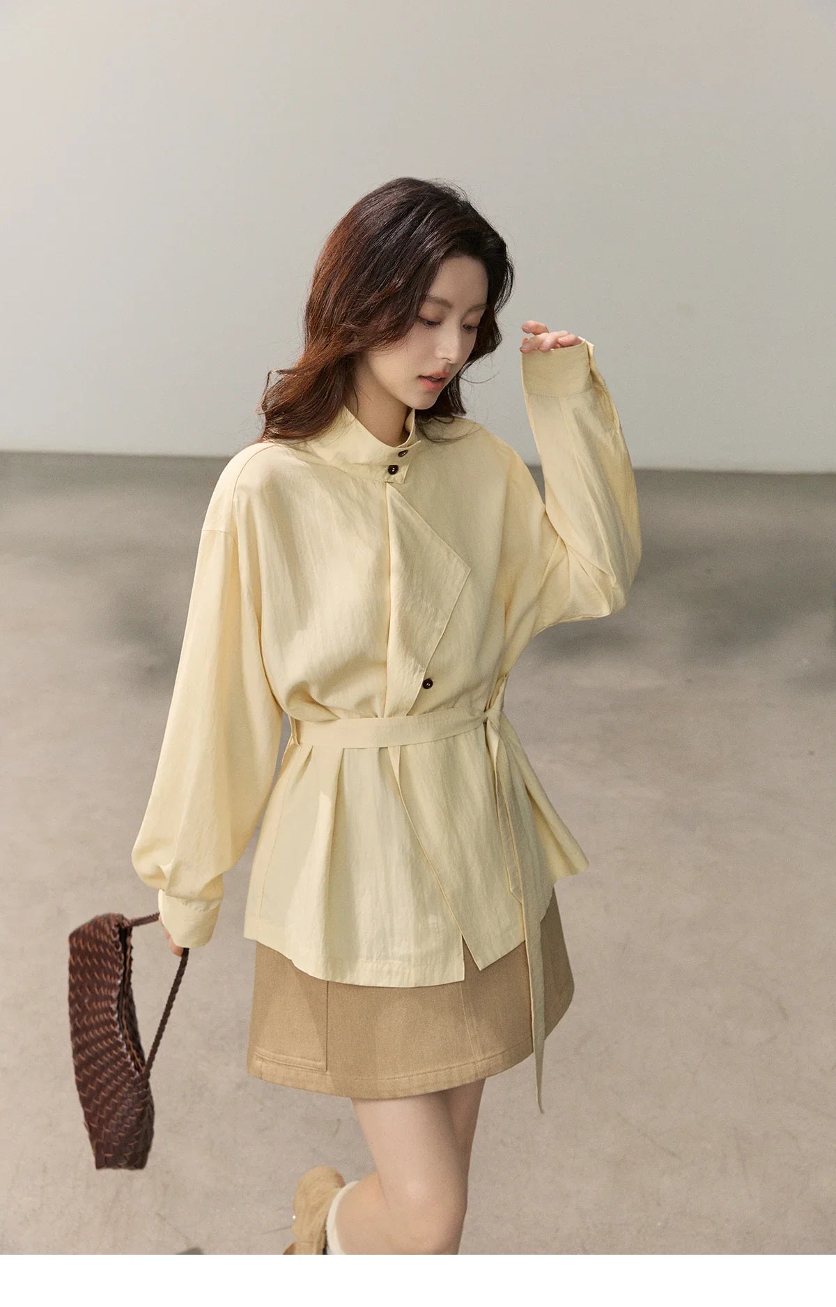 Women's Stand Collar Long Sleeve Shirts Spring Belted Waist Asymmetric Button Tops Casual Loose Solid Shirt MXF13C2459