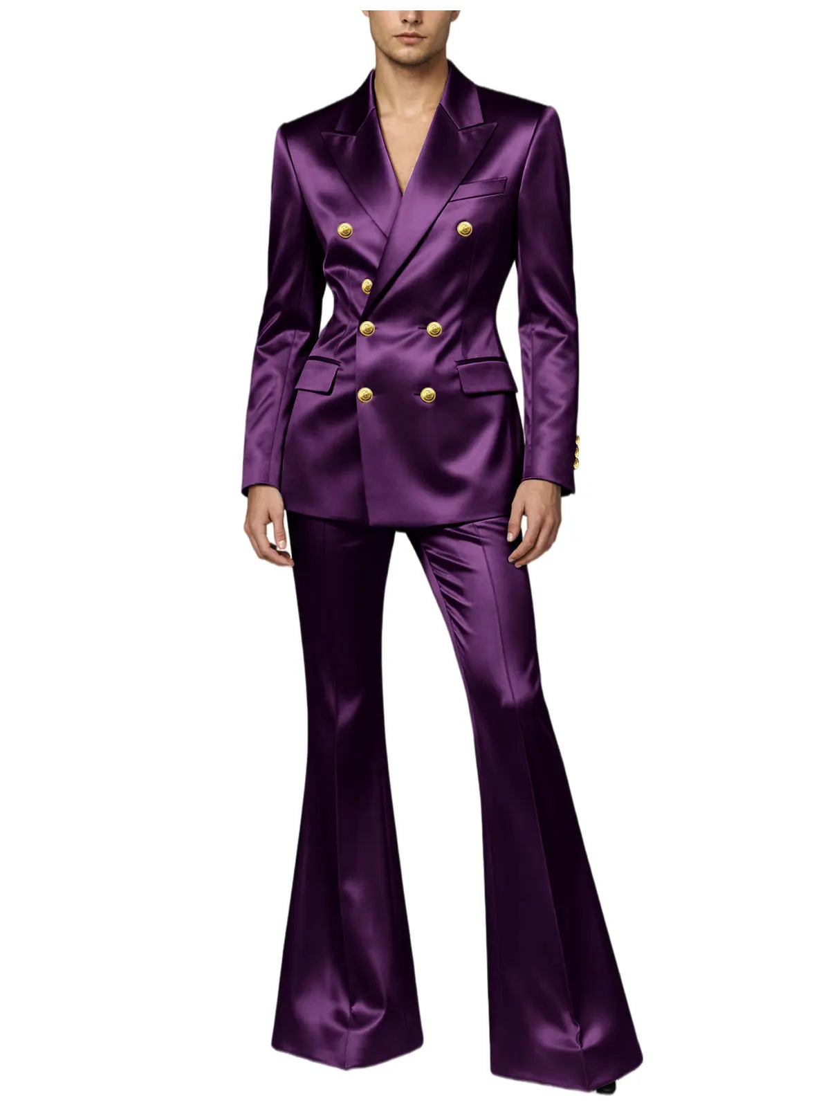 Men's Double Breasted Satin Suit Set 2 Piece Notch Lapel Gold Button Blazer Flare Pants Formal Wedding Prom Party Groom Outfit