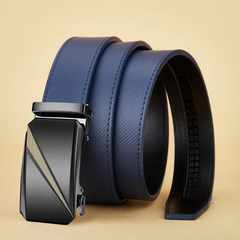Men's Belt Blue Striped Belt Fashion Jeans Belt Genuine Leather Belt Automatic Buckle Belts