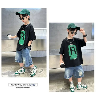 New Boys Fashion Summer 2pcs Cotton T-shirts+Denim Shorts Sporty Suits Teenage Kids Korean Style Outfits Sets Children Clothes