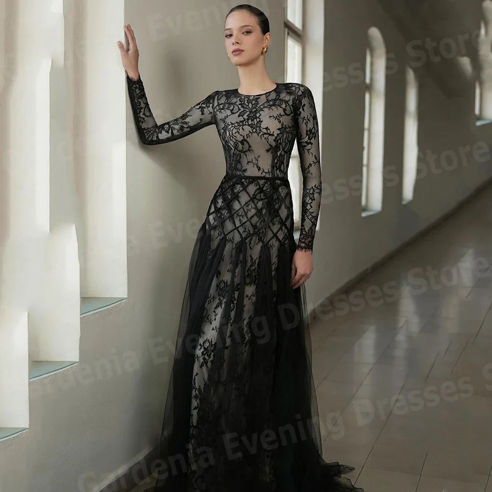 Beautiful A Line Women's Evening Dresses O Neck Prom Gowns Customized Long Sleeve Lace فساتين للمناسبات الخاصة Robe De Soirée