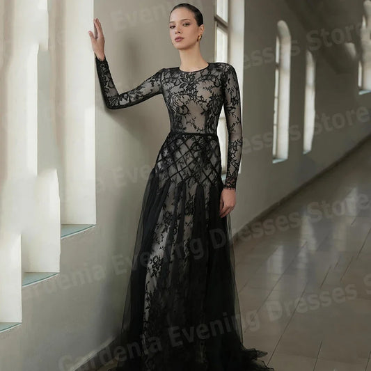 Beautiful A Line Women's Evening Dresses O Neck Prom Gowns Customized Long Sleeve Lace فساتين للمناسبات الخاصة Robe De Soirée