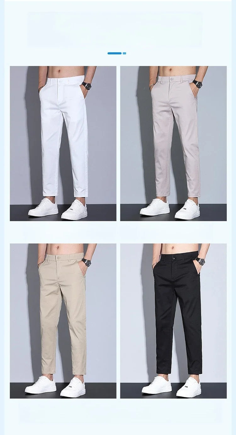 High Quality Summer Men's White Ankle Length Casual Pants 97%Cotton Breathable Straight Business Slim Work Chino Trousers Man