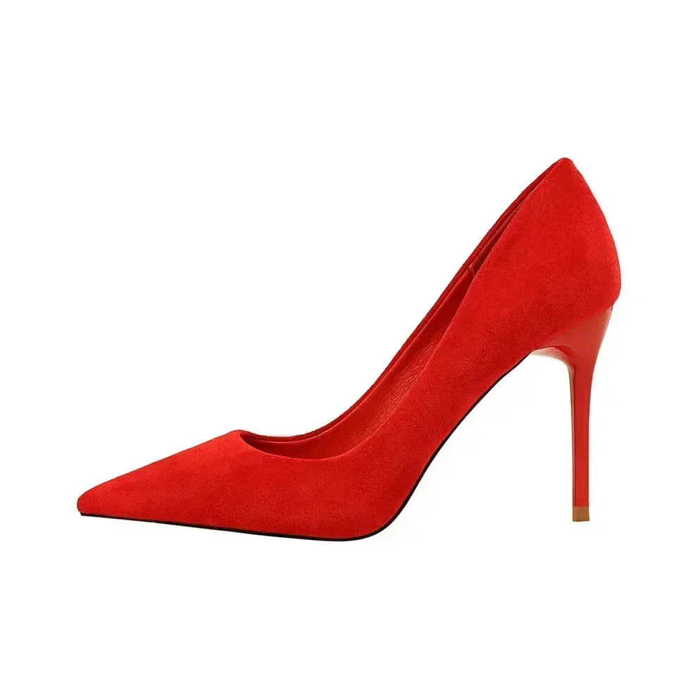 Women 9cm High Heels Daily Party Colorful Suede Pumps Female Scarpins Stiletto Evening Banquet Red Yellow Shoes Plus Size 34-43