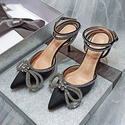 2025 New Fashion Glitter Rhinestones Women Pumps Crystal Bowknot Silk Pointed Toe Buckle Strap Thin High Heels Party Prom Shoes