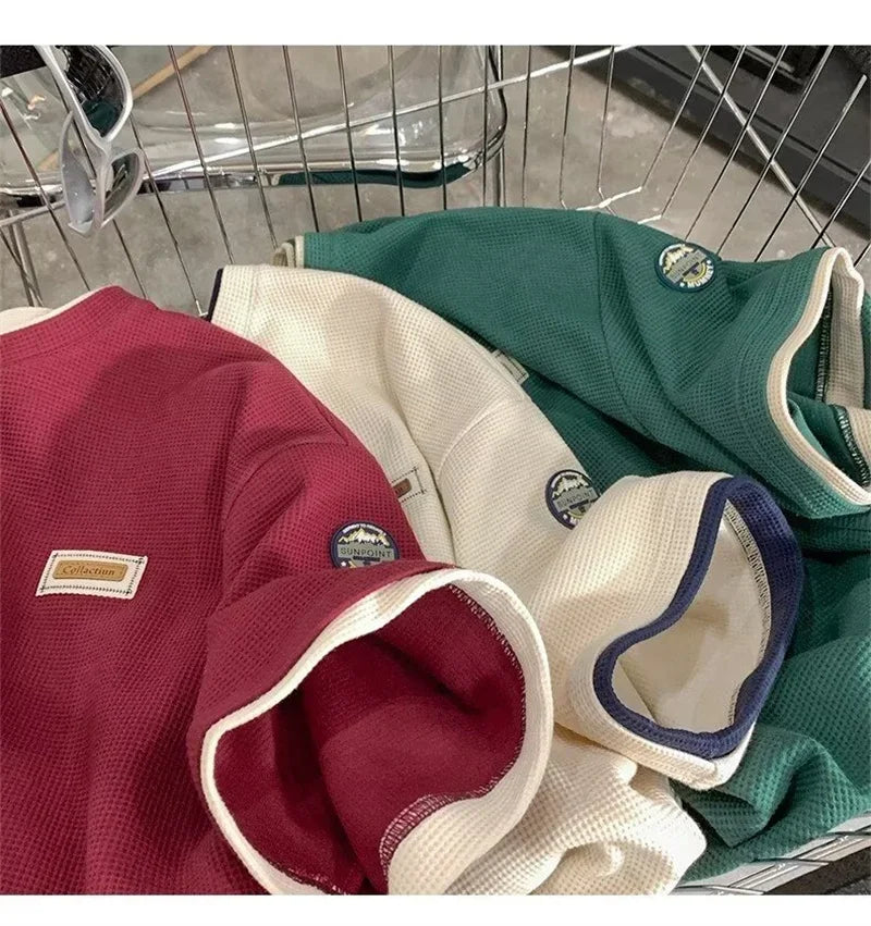 Summer Waffle Short Sleeve T Shirt For Men Vintage Appliques Loose T-shirts Couple Y2K Streetwear Clothes Fake Two-piece Tees