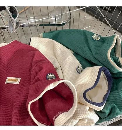 Summer Waffle Short Sleeve T Shirt For Men Vintage Appliques Loose T-shirts Couple Y2K Streetwear Clothes Fake Two-piece Tees