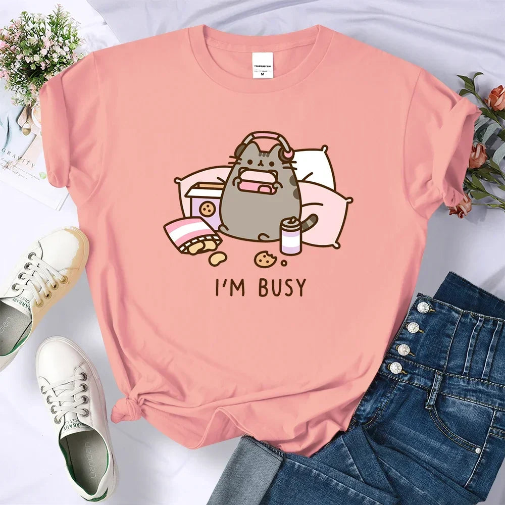 Sorry I'm Busy Cat Playing Games with Headphones T Shirt Female New T-shirts New Street Tops Summer Sleeved Harajuku Streetwear