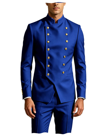 Men's Double Breasted Stand Collor Suit 2 Pieces Blazer Pants Set Slim Fit Business Casual Suit Jacket Formal Wedding Tuxedo
