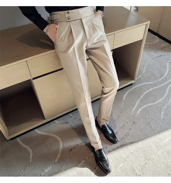 Pure Color Male Business Wedding Dress Pants Fashion Unique Design Men Waist Adjustable Suit Pant No Belt Slim Trousers Homme