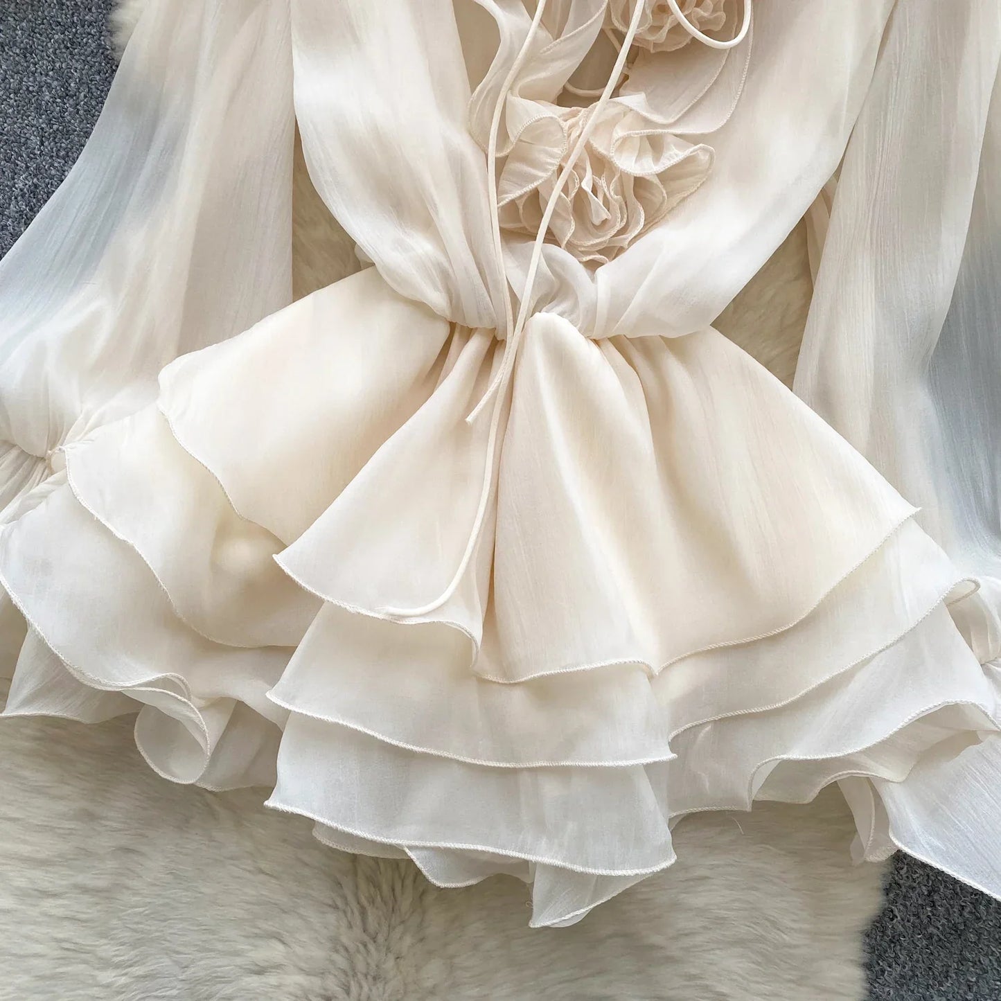 3D Floral Beach Short Dress Female Long Sleeves Lace Up Ruffle Chiffon Cake Sundress Sheer Sexy Vintage Bohemian Dress