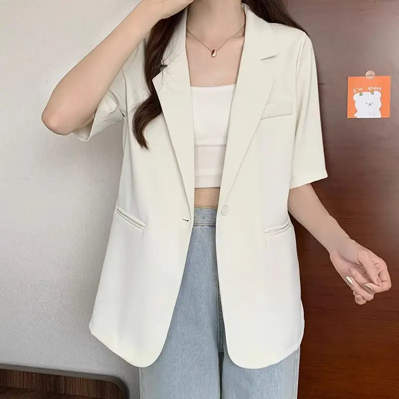 Loose Casual Thin Short Sleeve Women's Suit Jacket Summer New Style Korean Version Fashionable All-Match Lightweight Polyeste...