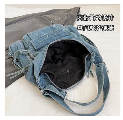 Solid Color Denim Trendy Shoulder Bag for 2025 High Quality Fashion Zipper Large Capacity Versatile Women's Crossbody Bag