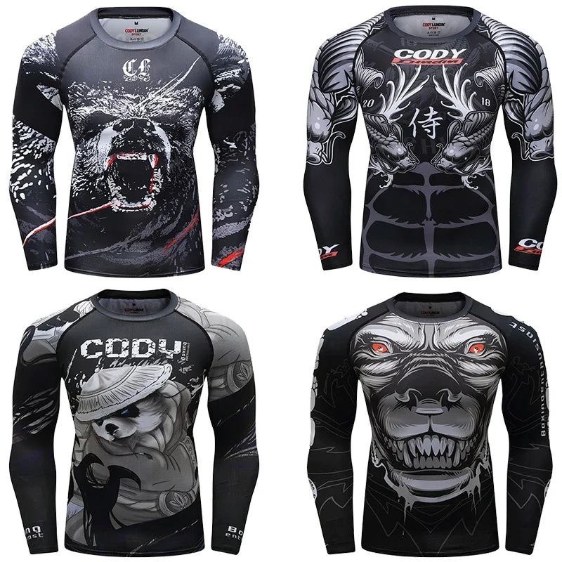 Cody Men Grappling Wear Jiu Jitsu Gi Rashguard BJJ Boxing T-shirts UPF 50+ Male Athletic Running Blouses Compression Gym Tees