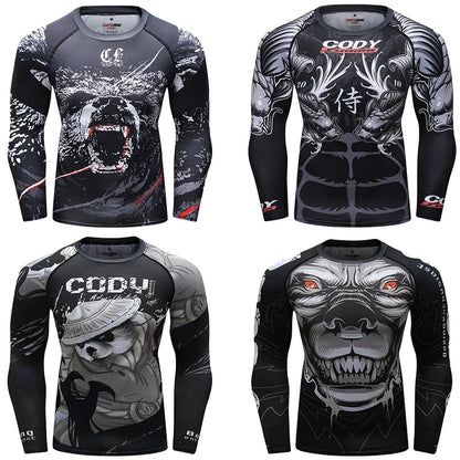 Cody Men Grappling Wear Jiu Jitsu Gi Rashguard BJJ Boxing T-shirts UPF 50+ Male Athletic Running Blouses Compression Gym Tees