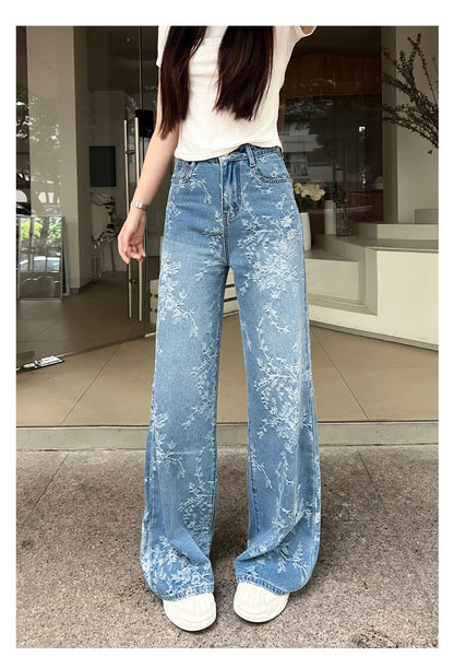 Women's Embroidered Floral Wide Leg Jeans High Waist Slim Fit Straight Cut Summer New Sle Thin Version Casual Denim Pants