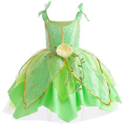 2026 Disney Elf Movie Tinker Bell Girls Play Fairy Dress Green Suspender Skirt With Wings and Flower Christmas Gift for Girls