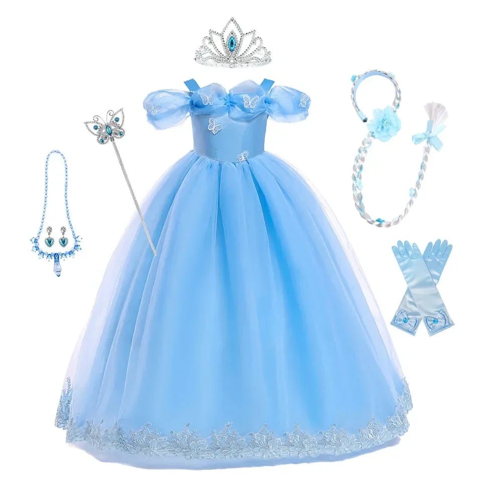 Girls New Year Blue Long Dress for Kids Christmas Birthday Party Dresses Butterfly Cinderella Cosplay Costumes Chidren Outfits