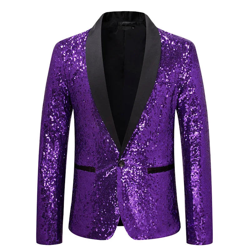 2026 Men's Suit Jacket, Shiny Sequin Stage Performance Coat, White Silver Blue Red Purple Blazers V-neck Single Button