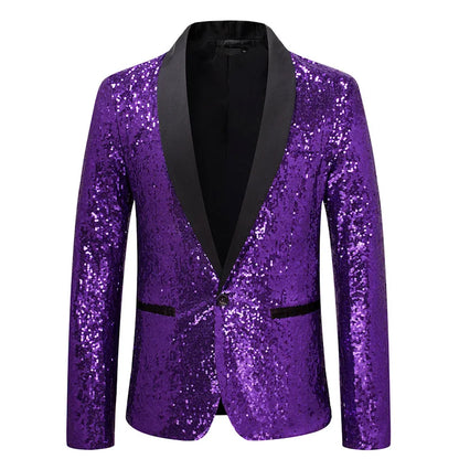 2026 Men's Suit Jacket, Shiny Sequin Stage Performance Coat, White Silver Blue Red Purple Blazers V-neck Single Button