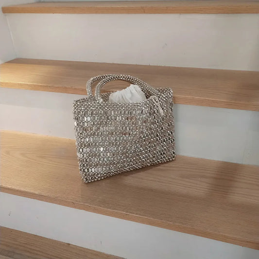 Vintage Handmade Ladies Handbag Weave Beaded Fashion Silver Color Shining Sequin Shoulder Bag Clutches Womens Party Handbag 2025