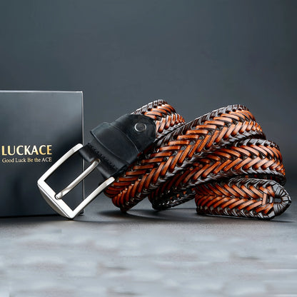 Genuine Leather Cowhide Casual Men's Belt, Trendy Knitted Belt With Alloy Buckle, Gift For Boyfriend/Husband/Father