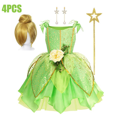 Child Girl Bell Costume Halloween Costume for Kids Green Dress Fancy Fairy Princess Cosplay Carnival Party Ball Gowns with Wing